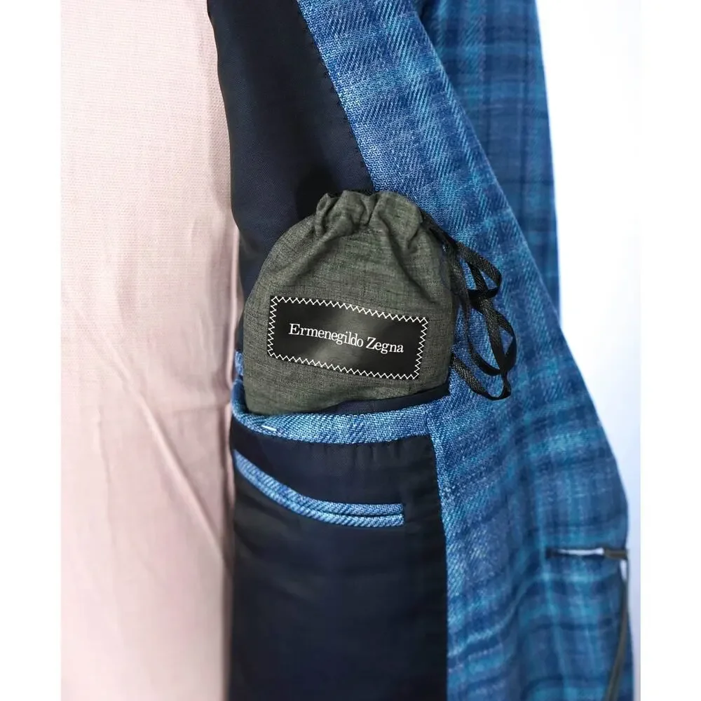 $2,990 ZEGNA - Blue Plaid Wool/Silk/Linen Blazer - 46R